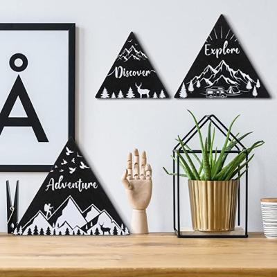 China China 3 Pieces Wooden Mountain Shaped Decor Wander Them Explore Discover Wooden Wall Sign Mountain Wall Decoration for sale