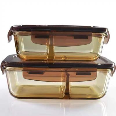 China Rectangle Shape Amber Color Food Containers With Microwavable Plastic Cover Sealed Divider Bowl for sale