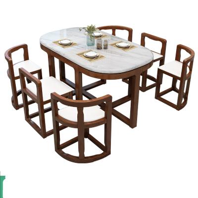 China New Design Adjustable Modern Space Saver Marble Top Dining Table And Chair (Other) Set Solid Wood Base Six Chair And A Table for sale