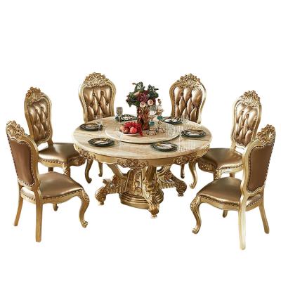 China Other Marble Luxury Dining Table Chair Set With Center Rotating Baroque Carving Dining Table Home Furniture for sale