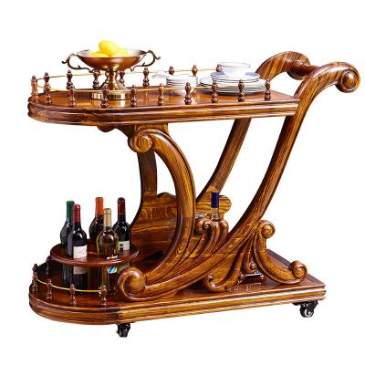 China Other Black Solid Wood Carved Dining Car European Style Wooden Dining Car Wine Cart Villa Household Trolley for sale