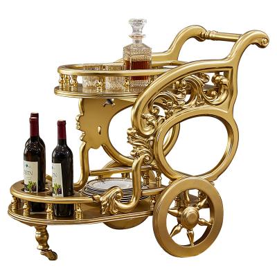 China (Size)Adjustable European American Noble Luxury Dining Car Solid Wood Carved French White Gold Home Hotel Restaurant Beverage Cart Serving Car for sale