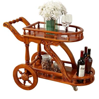 China (Size)Adjustable European Solid Wood Dining Car Lounge Restaurant Wine Storage Rack Retro Drinks Trolley American Hotel Car Tea Sailor Cart for sale