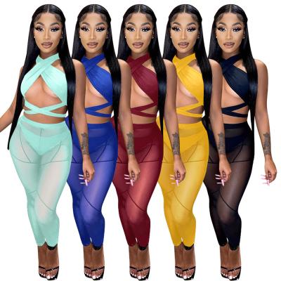 China 2022 New Arrival Breathable Breathable Spring Solid Color Sleeveless 3 Pieces Set Sexy Mesh Long Pant Two Piece Set Women Summer Backless Clothing for sale