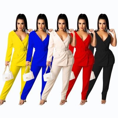 China Anti Wrinkle Anti Wrinkle Women Business Pants 2 Piece Drop Set Clothing Solid Crop Tops Long Coats Pants Ladies Casual Stylish Workout Sexy Suit Outfits for sale