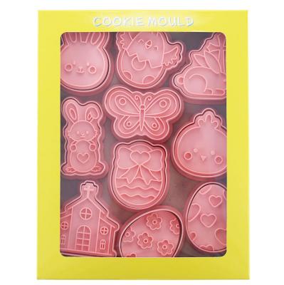 China Stocked 10 Pieces Cutters Fondant Cookie Cartoon Holiday Easter Embossing Mini Mold 3D Cookie Punches Funny Baking Set for sale