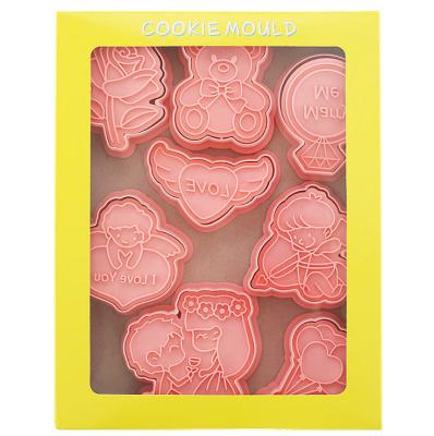 China Stocked 8 Pieces Cutters Fondant Cookie Cartoon Valentine's Day Embossing Mini Mold 3D Cookie Punches Funny Baking Set for sale