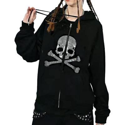 China OEM Diamond Skeleton Women Full Zip Ladies Anti-Wrinkle Skeleton Skull Drawstring String Top With Streetwear Custom Rhinestone Hoodie for sale