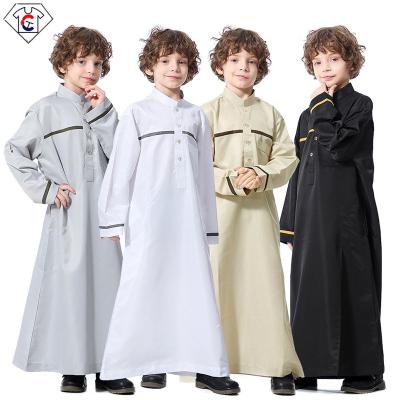 China Simple kid canvas thobe fashion loungewear pocket kids clothing manufacturers custom made time tops muslim boys dress islamic clothing for sale