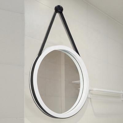 China Stainless Steel Round View Modern Wall Mirror Decorative Round Mirror With Leather Strap for sale