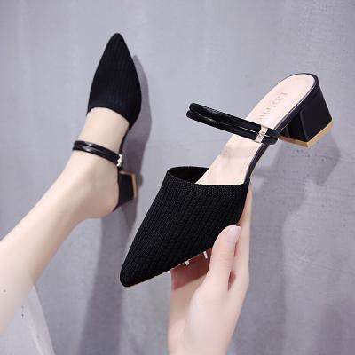 China Fashion Trend Ladies Lodging Sandals and Toe Cap Slippers Thick Heel High Heel Sandal Shoe Knitted Slippers For Women for sale