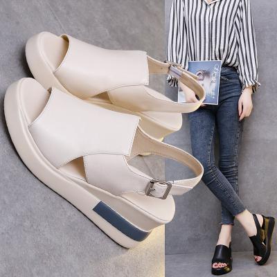 China Fashion Trend Women Summer Sandals Flat Platform Thick-Based Wedge Back Leather Cavity Skin Fish Skin Soft Sandals for Women and Ladies Flat for sale