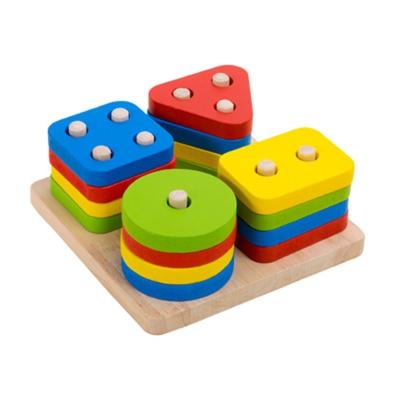 China Expand Kid's Brain Educational Geometric Shape Early Learning Wooden Toys Four Sets Of Columns Pillar Blocks Intelligent Toy For Children for sale