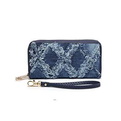 China Anti-theft Women Fashion Double Zipper Around Long Wallet Lattice Denim Purse Credit Card Clutch With Wristband Strap for sale