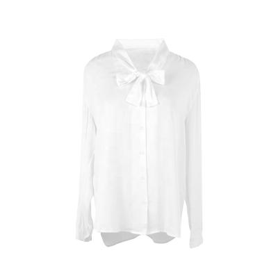 China Custom Made Breathable Classic Regular Solid Design Women Bow Length Office Long Sleeve Blouse for sale