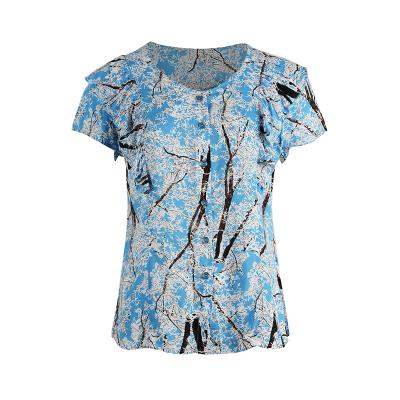 China anti-wrinkle retro competitive price summer popular 100% rayon plain o neck dyed floral women blouse for sale