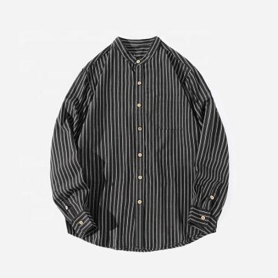 China New Youth Stand Collar Anti-pilling Casual Loose Long Sleeve Striped Printed Woven Cotton Men Shirts for sale