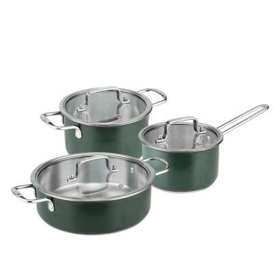 China 3pcs Color Kitchenware Stocked Cookware Set Stainless Steel Cooking Pot Set Dinnerware Soup Pot for sale