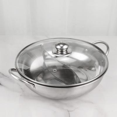 China Stocked Two-flavor Hot Pot Stainless Steel Soup Pot Cookware With Glass Lid for sale