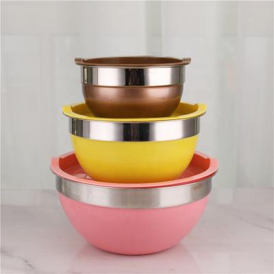 China Custom Stocked Color Stainless Steel Mixing Bowl Set Tableware Set With Cover For Kitchen Cook for sale