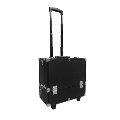 China Preppy Case Professional Black Aluminum Trolley Train Artist Vanity Makeup Style Travel Cosmetic Box With Wheels for sale