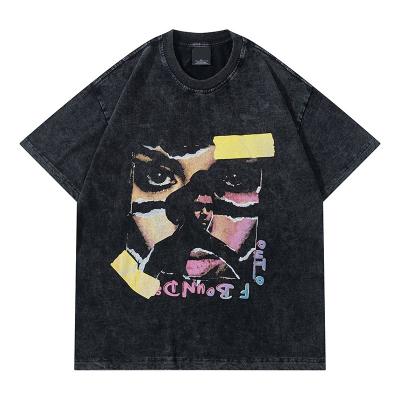 China Breathable Custom Fashion Cotton Heavy Distressed Street Wear Oversized Print Off The Shoulder Black Acid Wash T-shirt Men for sale