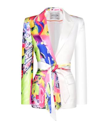 China Custom Made Luxury Premium Breathable Printed Color Block Cotton Color Block Silk Split Long Blazer Jackets Embroidered Blazers For Women for sale