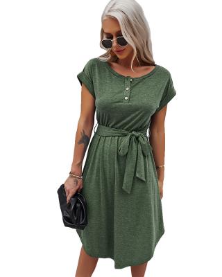 China Washable Fashion Solid Color Clothes Casual Short Sleeve Women Dress Summer Vocation Lady Dress for sale