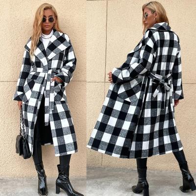 China 2021 Winter Plaid Tie Jacket Fleece Jacket Long Sleeve Black And White Lapel Long Belt Casual Coat Womens for sale