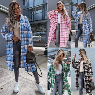 China Autumn Jacket Lengthened Loose Casual Lapel Single Breasted Women's Ditch Coat Fleece Jacket Hot Selling Single Breasted Plaid Shirt for sale