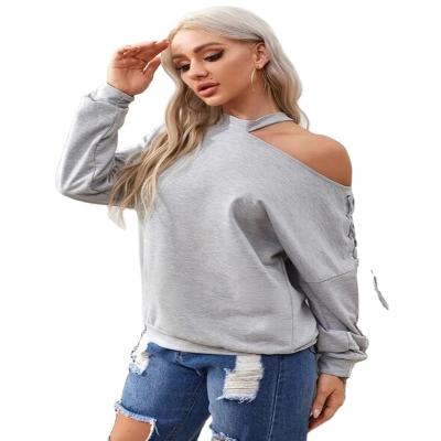 China Casual Lace Up Slant Top Gray Sweatshirt Women Girls Crop Off Shoulder Tops Autumn And Winter Custom Ladies QUICK DRY Oversized T-shirt for sale