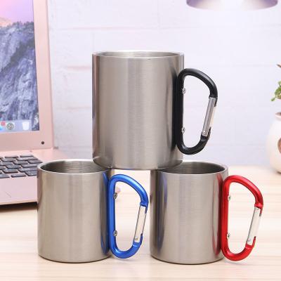 China 220ml 300ml Travel Stainless Steel Coffee Mug Carabiner Viable Outdoor Camping Portable Double Wall Mug for sale