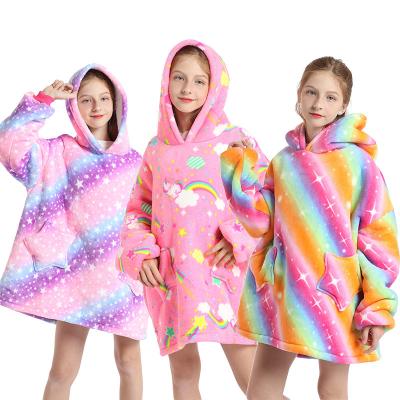 China Wearable Wearable Blanket Hoodie For Kids Sherpa Patterns Oversized Sweatshirt Blanket With Pocket 6-10YR for sale