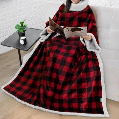 China PORTABLE High Quality Wholesale Sherpa TV Fleece Wearable Cozy Blanket With Sleeves And Pockets Oversized Blanket For Winter for sale