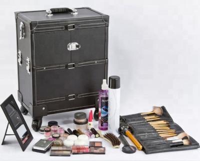 China PVC Black Leather Like Cosmetic Case Professional Aluminum Rolling Makeup Trolley for sale