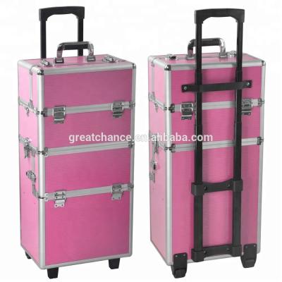 China Salon Trolley Pink 3 In 1 Pro Makeup Case Salon Trolley Aluminum Rolling Cosmetic Organizer for sale