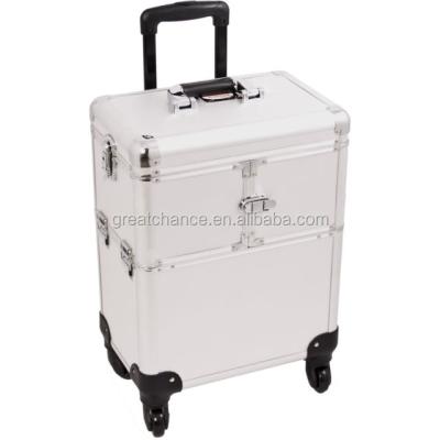 China Professional Aluminum Silver Texture Rolling Cosmetic Case 3-Tier Aluminum Makeup Trolley for sale