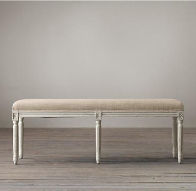 China Plush padded Antique French Fabric Upholstered Bench with Oak Wooden Leg for sale