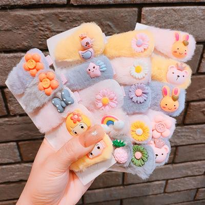 China 5pcs/set Winter Korean Fluffy Animal Princess Flowers New Fashion Lovely Hairpin Plush Cartoon Children's Cute Headdress for sale