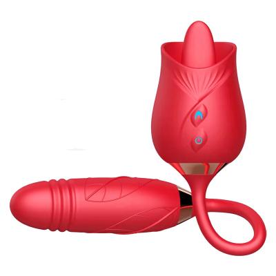 China Electric Silicone+ABS Rose Female Clit Licking Thrusting Dildo Egg For Women Tongue Clitoral Sucking Vibrator for sale