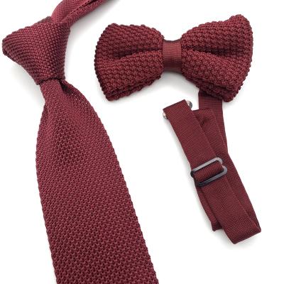 China high quality fashion solid red olour hand made silk knit necktie and bow tie set for sale