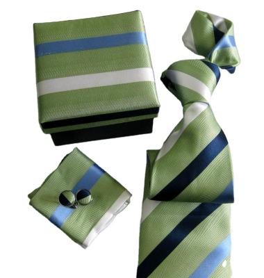 China custom oem green wide stripe design micro polyester fabric necktie with hankie with gift box for sale