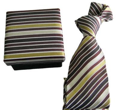 China custom yellow slim stripe design micro polyester fabric necktie with hankie with gift box for sale