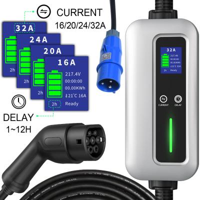 China Electric Vehicle Car Charging LCD Current Adjustable 16A 32A EV Portable Charger with Blue ECO Plug Type - 2 EV Charging Cable for sale