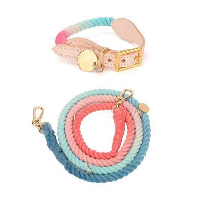 China Amazon Hot Selling Personalized Dog Leather Leash Sets Rainbow Rope Cotton Braided Puppy Collars For Small Medium Puppies for sale