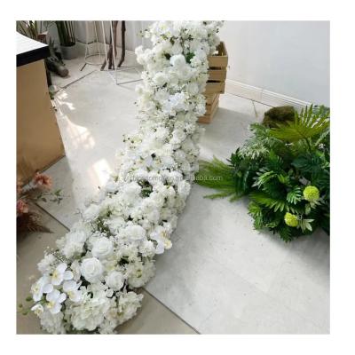 China Customized Silk Wedding Artificial Rose Flower Runner Table Centerpieces Decoration Artificial Rose White Rose Flower Babybreath Runner 200cm Long for sale