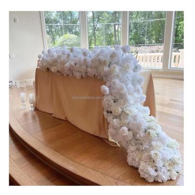 China Silk Artificial Runner Wedding Customized Babybreath Flower Runner Table Centerpieces Decoration Artificial Rose White Rose Flower 200cm Long Rose for sale