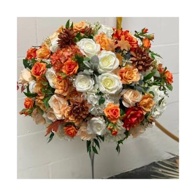 China Artificial Rose Wedding Flower Arrangement Handmade Silk Flower Balls Orange Color Mounted Flower Ball Table Centerpieces for sale