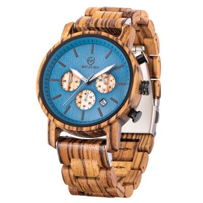 China Date Designer Trendy Natural Zebra Accacia Walnut Japan VD53 Chronograph Automatic Movement Cool Mens Wooden Watches Custom Logo for sale