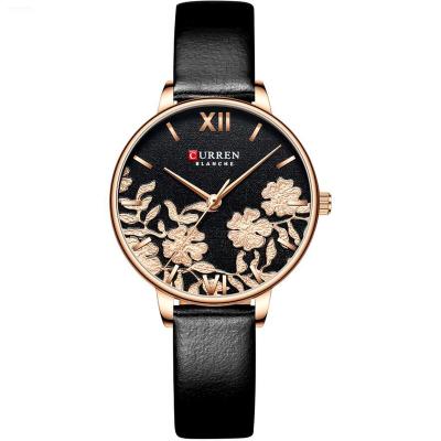 China Leather Analog Lady Wrist Quartz Watches Rose Gold Woman Watches Top 2021 New Products Stainless Steel 3D Flower Dial Water Resistant 2021 for sale